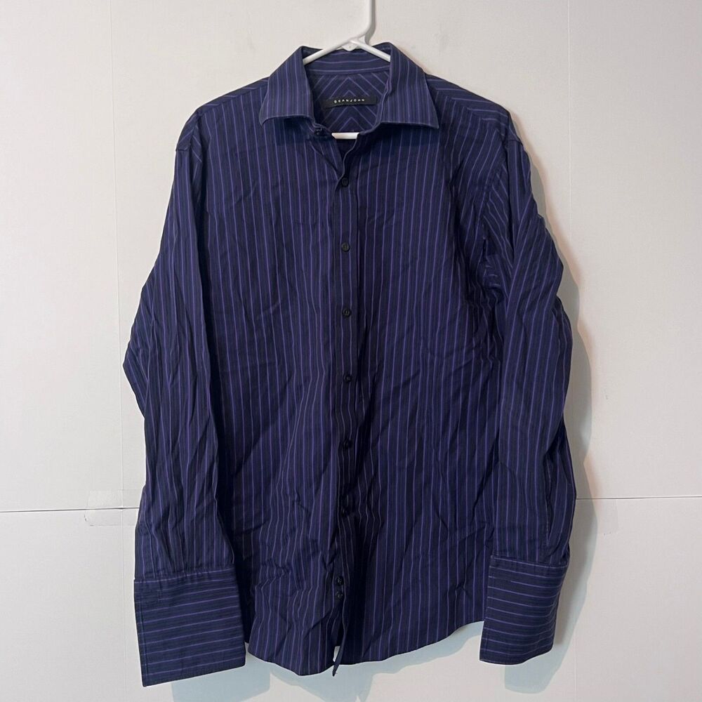 Sean John Mens Shirt Size L 16 32/33 Purple Violet Striped Barrel Cuff Button Up